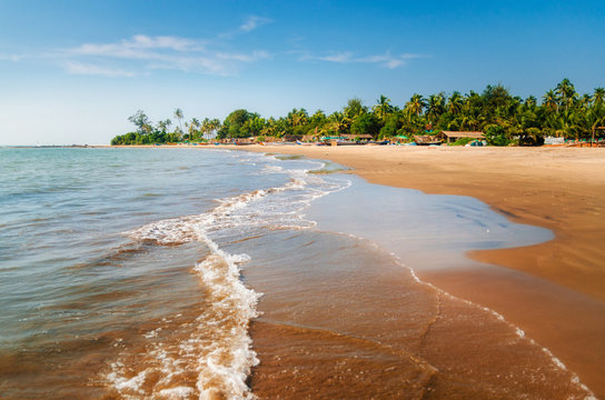 Fototapeta Morjim beach with yellow sand, blue ocean and waves. Wooden fishing boats and palm trees are on a background, North Goa, India. Summertime concept