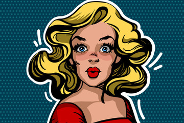 Pop art surprised blonde woman in a red dress. Comic vector illustration isolated on a blue dotted background