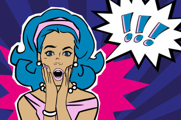 Naklejka na ściany i meble Pop art surprised woman face with open mouth. Comic woman with speech bubble. Vector illustration.