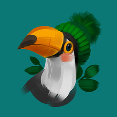 Cute toucan bird in a winter knitted hat. Raster colorful hand drawn illustration. T-shirt print. Postcard art. © Ira Cvetnaya