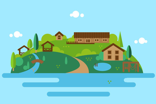 Summer landscape: sea, river, road, forest, tree, house, alcove, pool, lake. Background for site or game. Vector flat illustrations