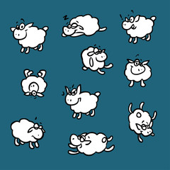 Cartoon sheep in different poses. Vector clip art illustration isolate over blue