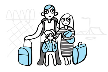 Illustration of refugee with children standing at the border. Immigration religion and social theme
