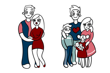 Young family and modern family with children. Isolated vector illustration on a white background.