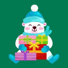 Cute Christmas bears during the winter holidays and the New Year's Eve sitting rejoice gifts. Teddy in winter clothes warm mittens, scarves and boots hat happy and joy vector illustration