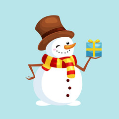christmas white snowman in hat and scarf with winter xmas present for celebration new year vector illustration
