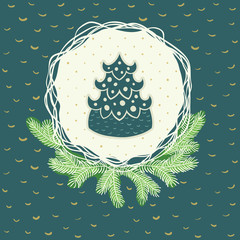 Christmas and New Year round frame with pine tree symbol. Greeting card.