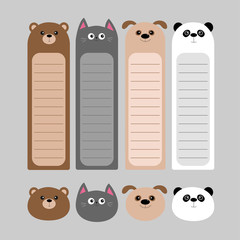 Obraz premium Animal head set. Cartoon kawaii baby bear, cat, dog, panda. Bookmark paper sticker collection. Notepad template. Flat design. Gray background.