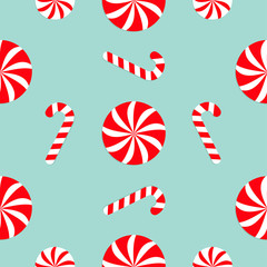 Christmas Candy Cane Round white and red sweet set. Seamless Pattern Decoration. Wrapping paper, textile template. Blue background. Flat design.