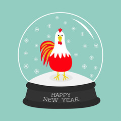 Rooster Cock bird. Crystal ball with snowflakes. 2017 Happy New Year symbol Chinese calendar. Cute cartoon funny character Big feather tail. Flat design. Blue background. © worldofvector