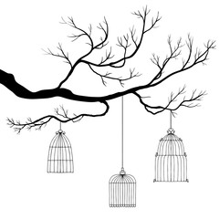 vector tree branch with bird's cages