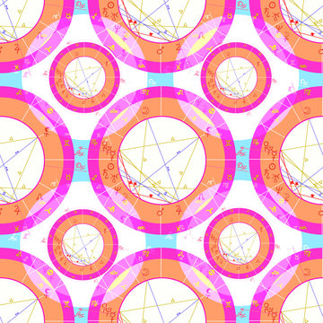 seamless pattern pink natal astrological chart, zodiac signs on