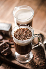Irish coffee with grated dark chocolate