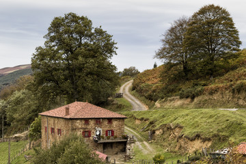 baztan; elizondo; bidasoa; valley; autumn; tourism; navarra; spain; pirineo; building; saint; james; way; camino; santiago; green; old; road; house; forest; mountain