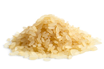 Pile of short grain parboiled rice isolated on white.
