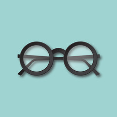 Eyeglasses isolated vector illustration. Black round hipster glasses top view. Material flat design.