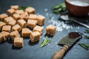 all butter fudge on dark slate