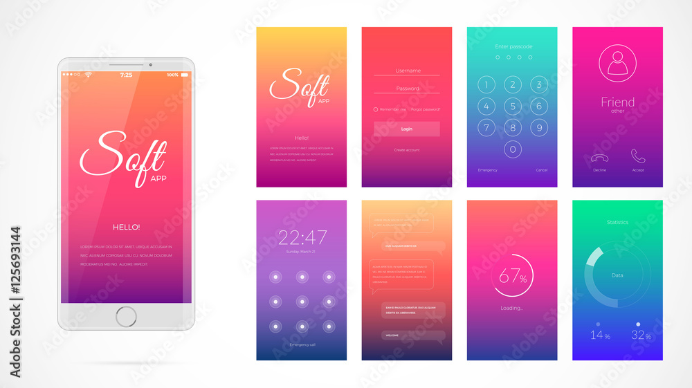 Wall mural modern ui screen design for mobile app with web icons.