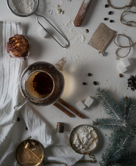 New Year's card. Christmas tree made from wheat flour and decorations. top view. overhead horizontal.