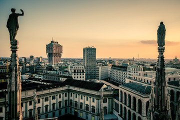 view of Milan city from Duomo roof terrace at dusk