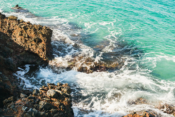 Natural rocks and turquoise sea waters at Kleopatra beach, Alanya, Turkey, Mediterranean coast