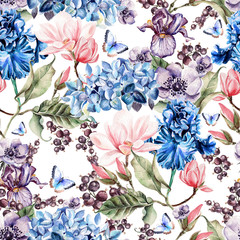 Naklejka premium Watercolor colorful pattern with magnolia flowers, iris, hydrangea, anemone and currant berries. Illustrations
