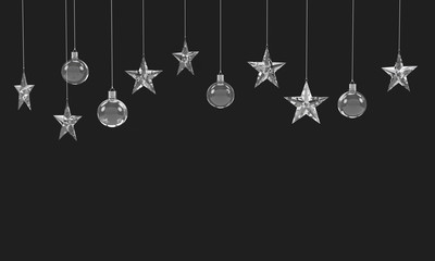 Hanging crystal balls and stars ornaments isolated on dark background. For new year or christmas theme. 3D rendering.
