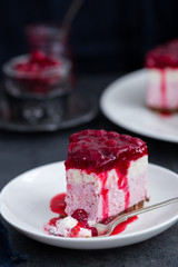 no baked cranberry  cheesecake on dark background