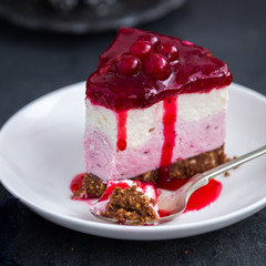 no baked cranberry  cheesecake on dark background