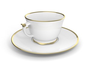 Isolated antique porcelain cup with gold on white background. 3D Illustration.