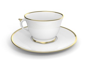 Isolated antique porcelain cup with gold on white background. 3D Illustration.