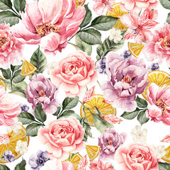 Obrazy na Plexi  Wzór z akwarela kwiaty. Piwonie, anemon, cytrusy i róże. Ilustracja