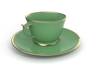 Isolated antique porcelain cup with gold on white background. 3D Illustration.