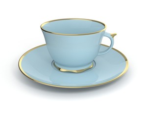 Isolated antique porcelain cup with gold on white background. 3D Illustration.