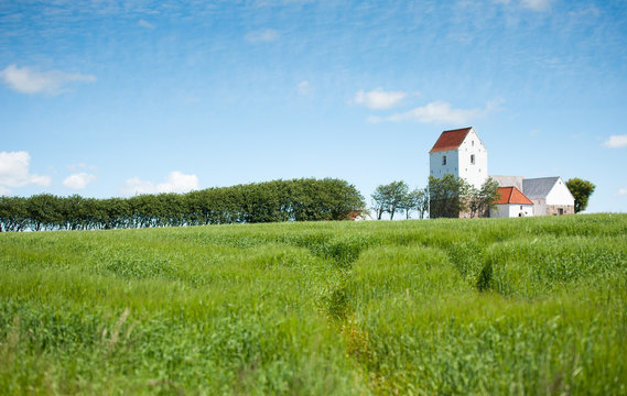 Landschaft mit Hecke, die auf eine Landkirche zuläuft, Jütland, Dänemark