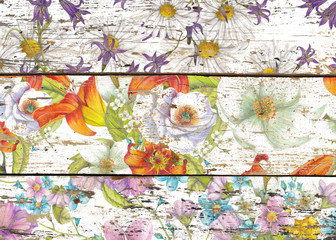 Wood texture,flowers on grunge background
