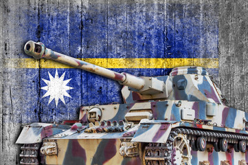 Military tank with concrete Nauru flag