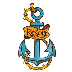 Anchor logo, sketch of tattoo. Color illustration on the theme of the sea.