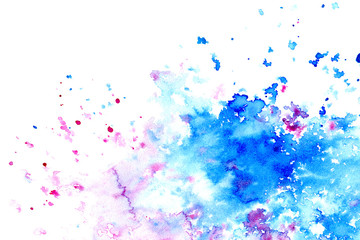 Pink and blue watery spreading illustration.Abstract watercolor hand drawn image.Purple and cyan splash.White background.
