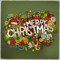 Merry Christmas hand lettering and doodles elements background. 