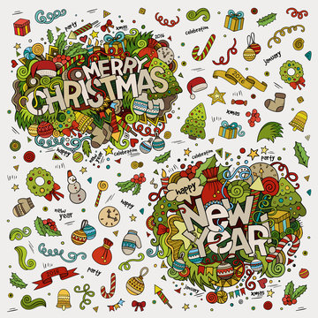 Set of Merry Christmas and New Year hand lettering and doodles elements