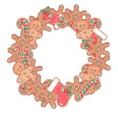 Merry Christmas. A wreath of gingerbread 3. Drawing Watercolor. Handmade drawing. For registration of festive cards, posters.
