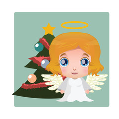 Cute angel standing in front of a Christmas tree