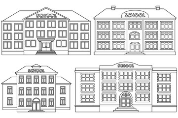 Set line icon of different types of school buildings. Isolated schoolhouses on white background. Vector flat illustration.