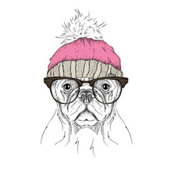 The christmas poster with the image dog portrait in winter hat. Vector illustration.