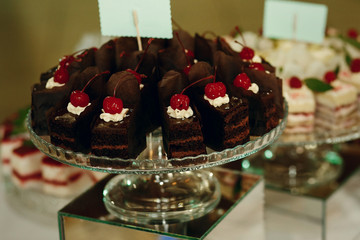 Enjoyable chocolate cake served on glass dish