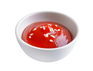 bowl of tomato sauce or ketchup isolated on a white background
