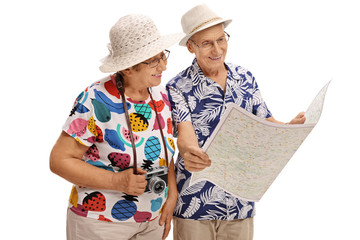 Elderly tourists looking at a generic map