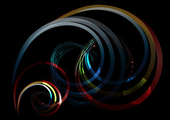 Falling glowing twisted waves with glare on black background