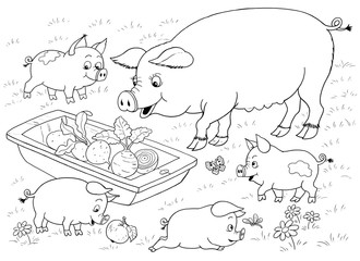 At the farm. Family of pigs. Cute mother pig and her babies. Illustration for children. Coloring book. Coloring pages. Funny cartoon characters.